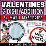 Printable self-checking Valentine's Day addition with regrouping Math Mystery worksheets for 1st-3rd grade math centers