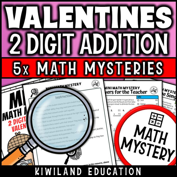 Printable self-checking Valentine's Day addition with regrouping Math Mystery worksheets for 1st-3rd grade math centers