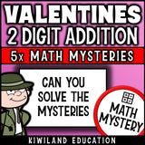 Valentine's Day 2-digit addition with regrouping Math Mystery activity, printable homework and early finisher task grades 1-3
