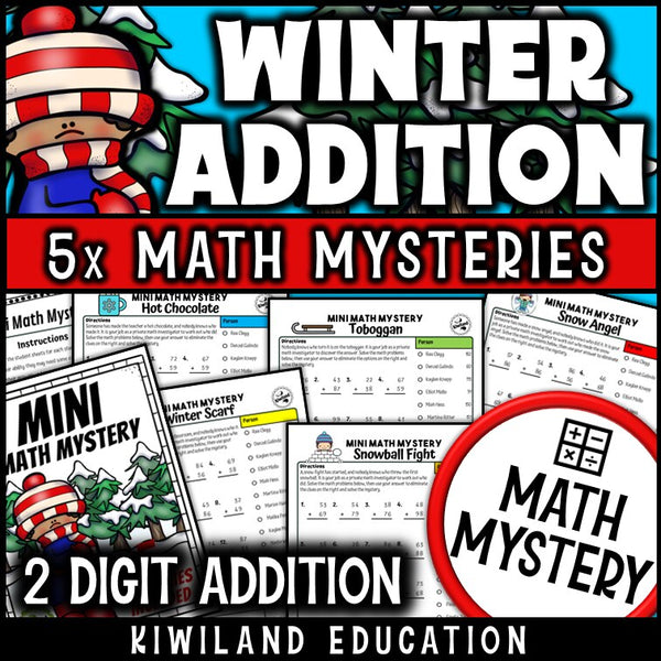Winter 2-digit addition with regrouping Mini Math Mystery worksheets, detective cover grades 1-3