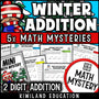 Winter 2-digit addition with regrouping Mini Math Mystery worksheets, detective cover grades 1-3