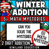 Can you solve the mysteries, printable winter 2-digit addition math activity