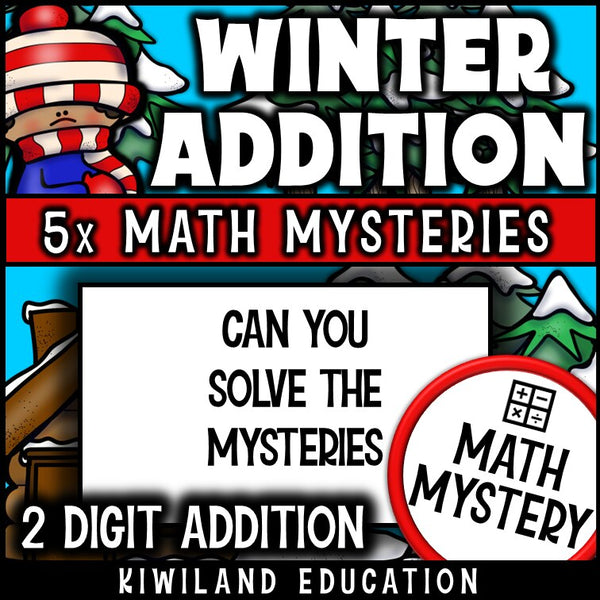 Can you solve the mysteries, printable winter 2-digit addition math activity