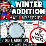 Suspect-elimination page for 2-digit addition with regrouping, winter mystery