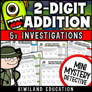 2-Digit Addition with Regrouping | Mystery Detective Worksheets | Grades 1–4 | Printable Detective Pack