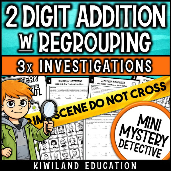 2-digit addition with regrouping worksheets, grade 2 Mystery Detective back-to-school math