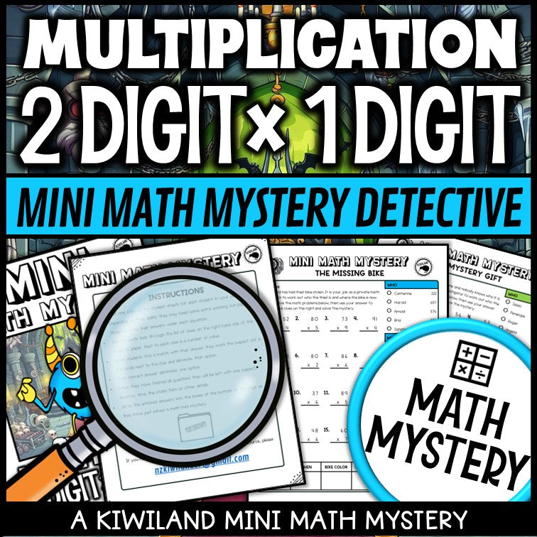Sample 2-digit by 1-digit multiplication worksheet, The Missing Bike detective case