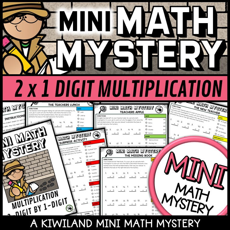 2-digit by 1-digit multiplication times tables Mini Math Mystery worksheets, detective cover grades 3-5