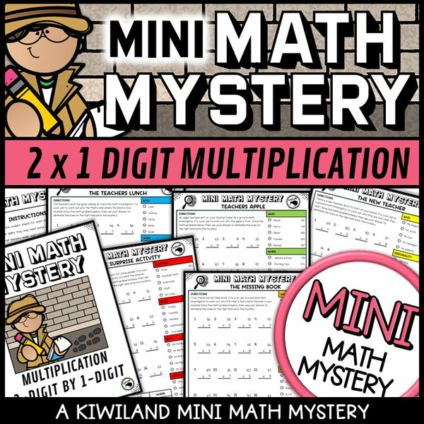 2-digit by 1-digit multiplication times tables Mini Math Mystery worksheets, detective cover grades 3-5