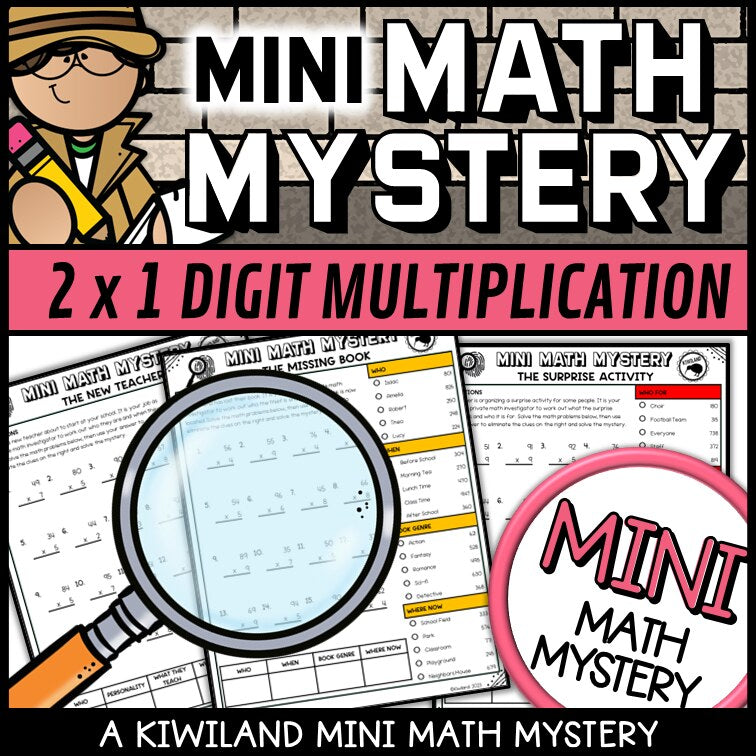 Multi-clue elimination page for 2-digit by 1-digit multiplication practice