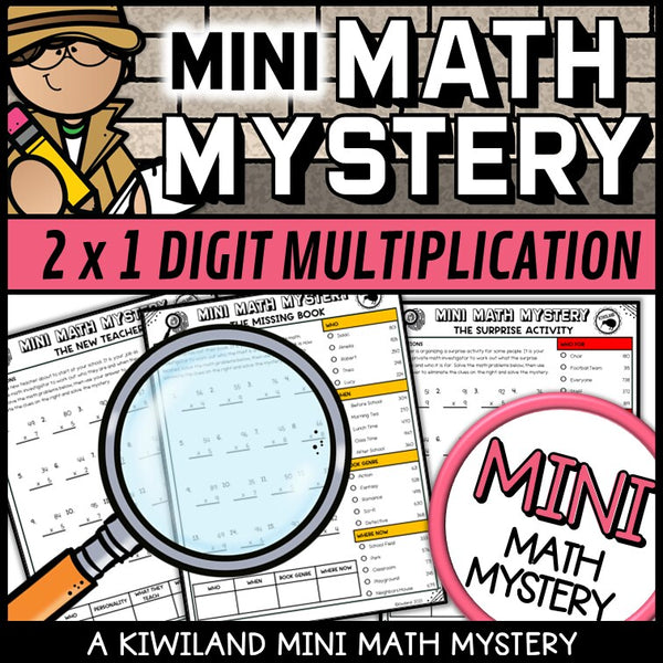 Multi-clue elimination page for 2-digit by 1-digit multiplication practice