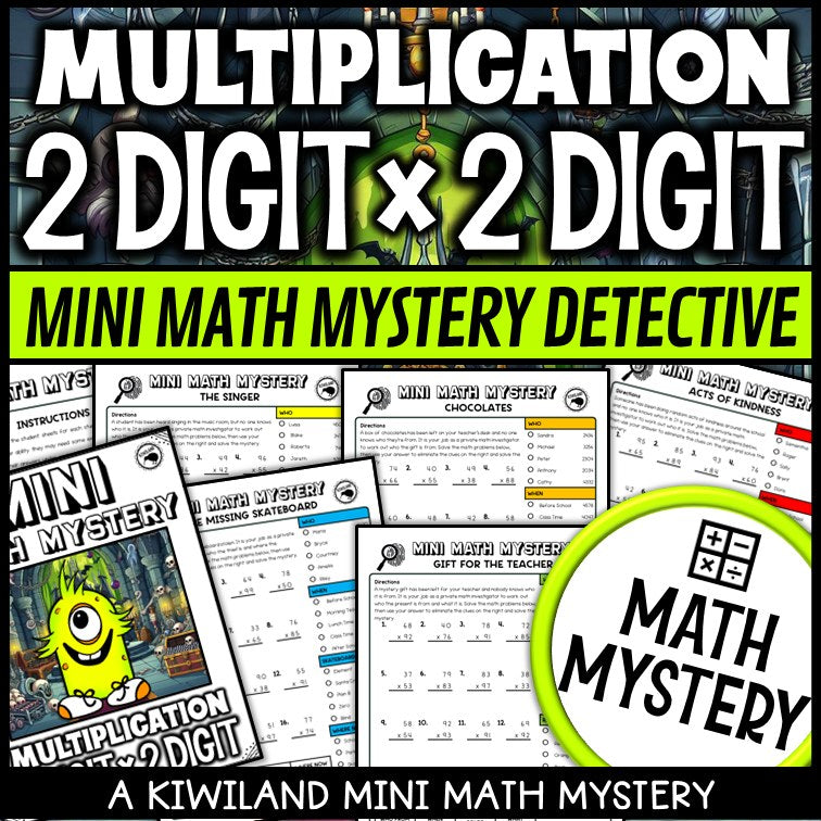 2-Digit by 2-Digit Multiplication Math Mystery worksheets cover - 5 printable detective cases