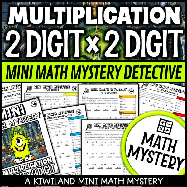2-Digit by 2-Digit Multiplication Math Mystery worksheets cover - 5 printable detective cases
