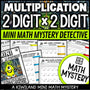 2-Digit by 2-Digit Multiplication Math Mystery worksheets cover - 5 printable detective cases