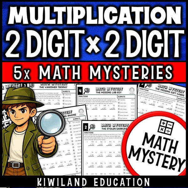 2-digit by 2-digit multiplication Math Mystery worksheets, detective cover for grades 4-6