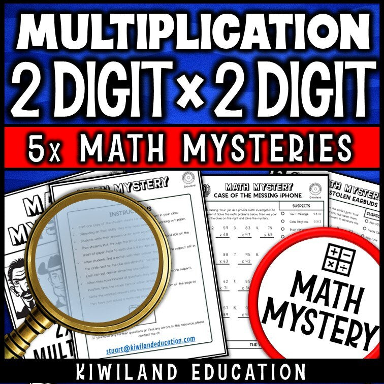 Sample 2-digit by 2-digit multiplication worksheet, the Case of the Missing iPhone detective page