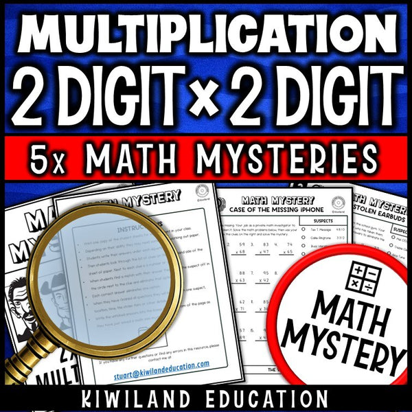 Sample 2-digit by 2-digit multiplication worksheet, the Case of the Missing iPhone detective page