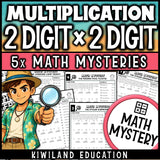 2-digit by 2-digit multiplication summer math mystery worksheets with detective theme