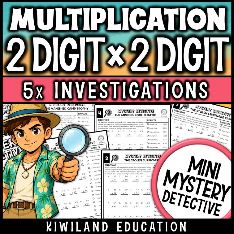 2-digit by 2-digit multiplication summer mystery detective