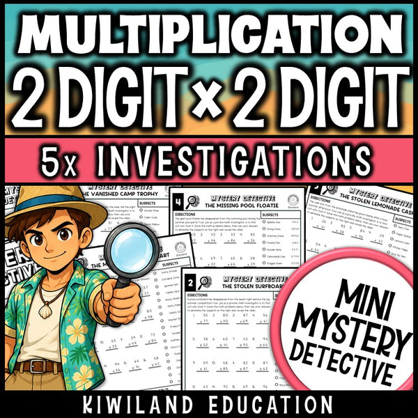 2-digit by 2-digit multiplication summer mystery detective