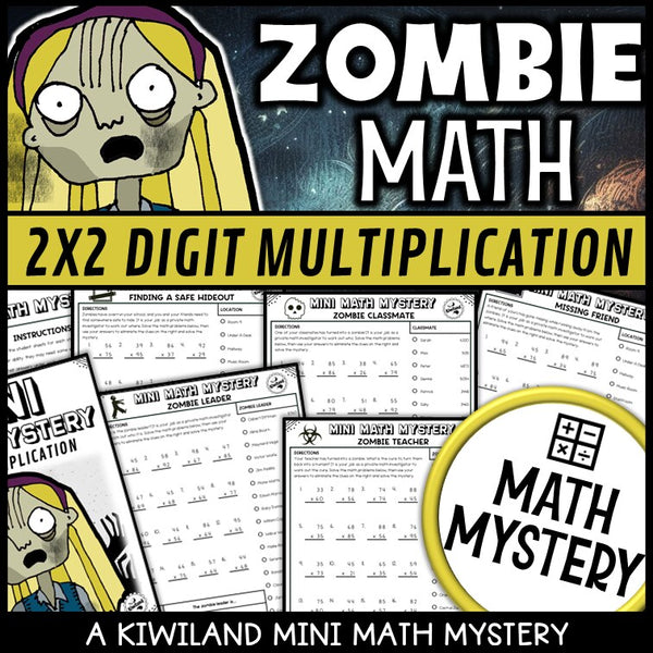 2-digit by 2-digit multiplication zombie Mini Math Mystery worksheets, detective cover grades 4-6