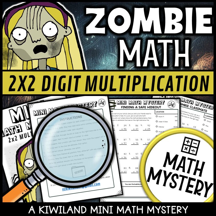 Sample 2-digit by 2-digit multiplication worksheet, the Finding a Safe Hideout zombie case
