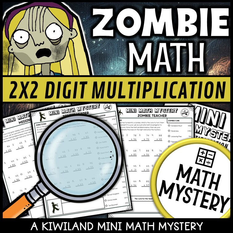 Clue-elimination page for 2-digit by 2-digit multiplication, zombie mystery