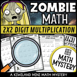 Clue-elimination page for 2-digit by 2-digit multiplication, zombie mystery