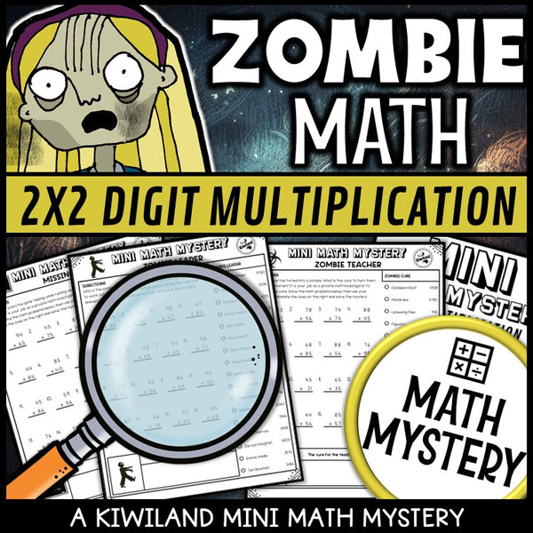 Clue-elimination page for 2-digit by 2-digit multiplication, zombie mystery