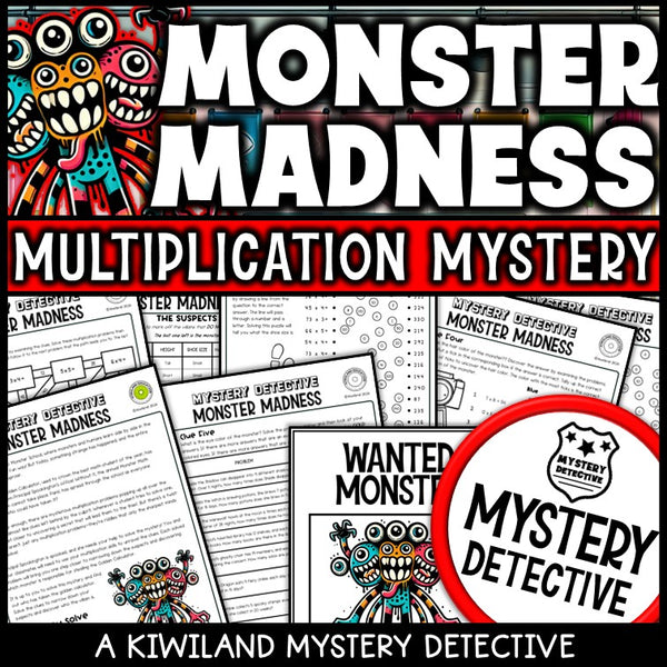 2-digit multiplication worksheets mystery detective monster school printable