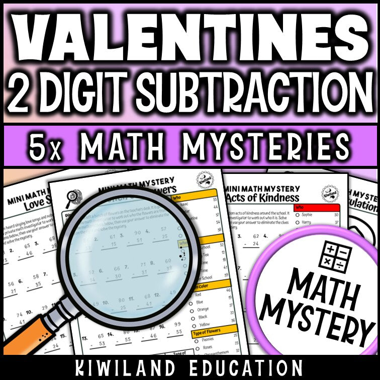 Valentine's Day themed 2-digit subtraction practice worksheet, no-prep Math Mystery morning work for grades 1-3