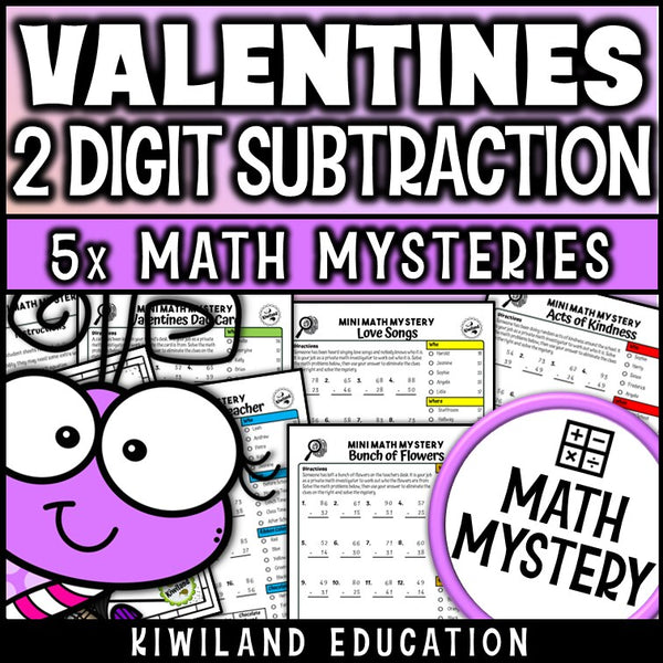 Valentine's Day 2-digit subtraction with regrouping Math Mystery, no-prep printable worksheets for grades 1-3