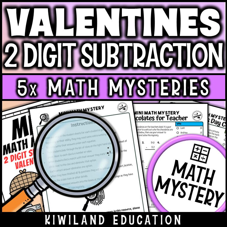 Printable self-checking Valentine's Day subtraction with regrouping Math Mystery worksheets for 1st-3rd grade math centers