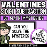 Valentine's Day 2-digit subtraction with regrouping Math Mystery activity, printable homework and early finisher task grades 1-3