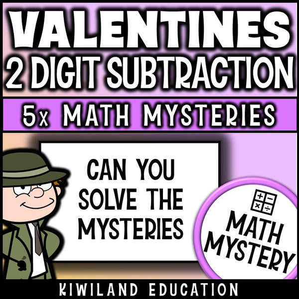 Valentine's Day 2-digit subtraction with regrouping Math Mystery activity, printable homework and early finisher task grades 1-3