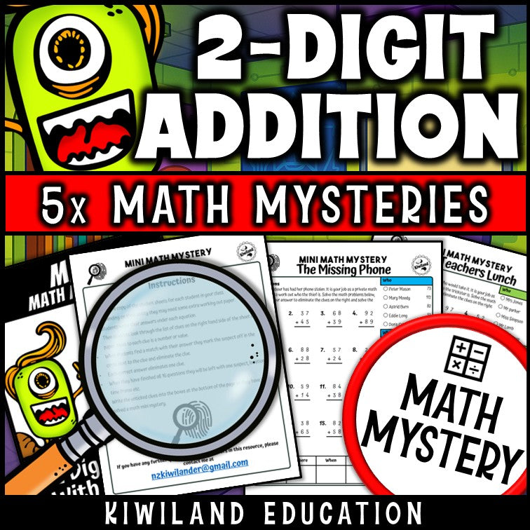 Printable math mystery activity for 2-digit addition with regrouping