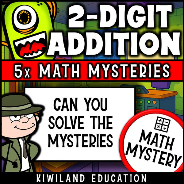 2-digit regrouping math worksheets with a fun mystery theme