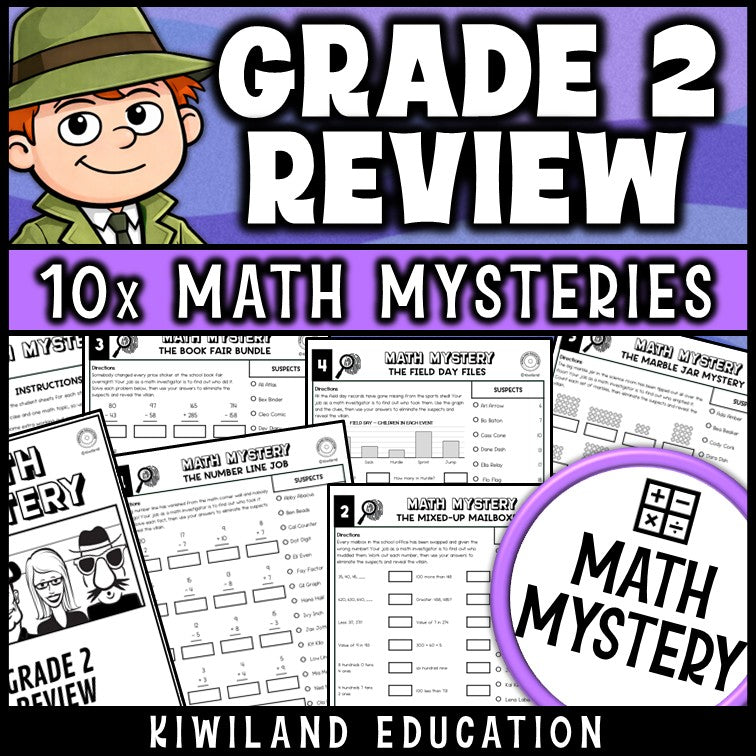 2nd grade math review worksheets, back to school and end of year math mystery detective pack