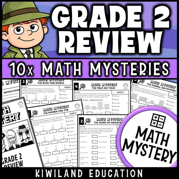 2nd grade math review worksheets, back to school and end of year math mystery detective pack
