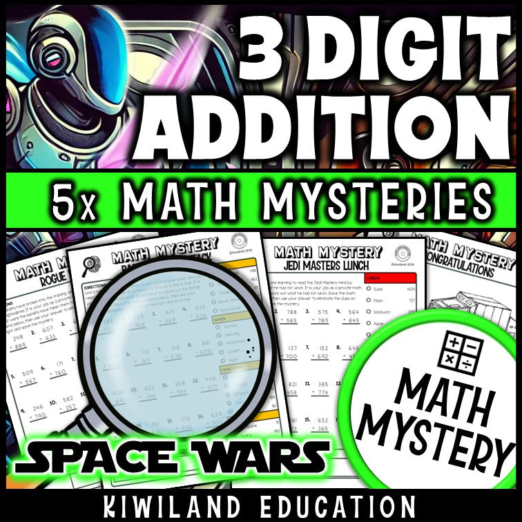 Detective suspect-elimination page for adding three-digit numbers with regrouping