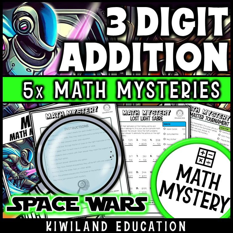 Sample 3-digit addition with regrouping math mystery worksheet with suspect clue list