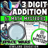 Sample 3-digit addition with regrouping math mystery worksheet with suspect clue list