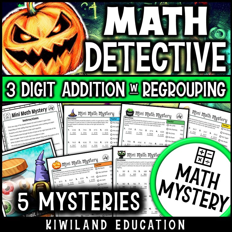 Halloween 3-digit addition with regrouping Math Mystery worksheets, jack-o-lantern detective cover grades 2-4