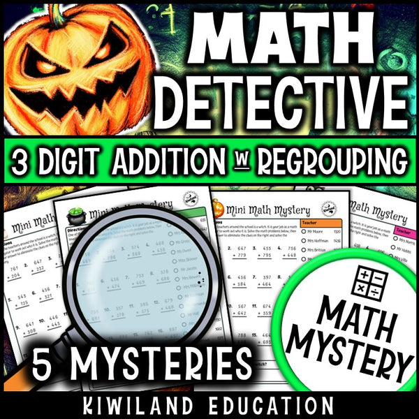 Teacher suspect-elimination page for 3-digit addition, Halloween witch mystery