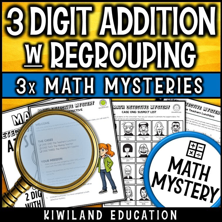3-digit addition with regrouping detective cases and suspect line-up grades 2-4 - self-checking back to school math activity