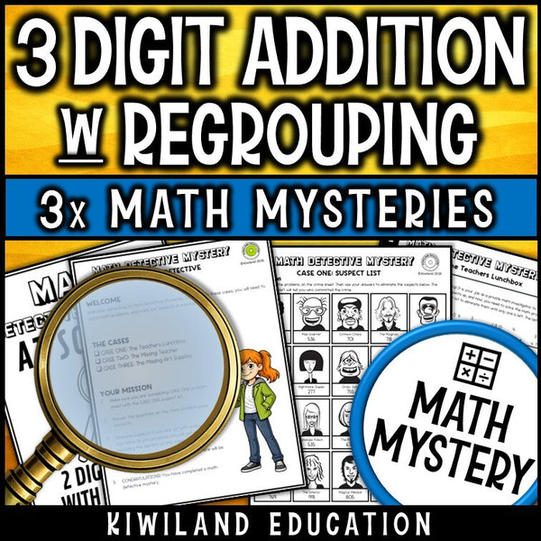 3-digit addition with regrouping detective cases and suspect line-up grades 2-4 - self-checking back to school math activity