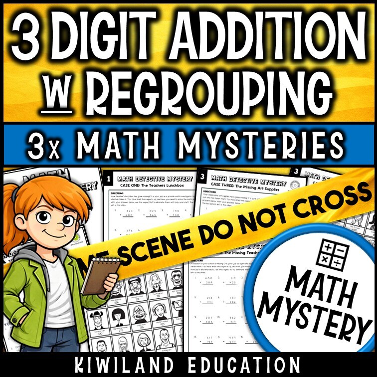 Back to School 3-digit addition with regrouping Math Detective Mystery for 2nd, 3rd and 4th grade - no-prep printable