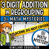 Back to School 3-digit addition with regrouping Math Detective Mystery for 2nd, 3rd and 4th grade - no-prep printable