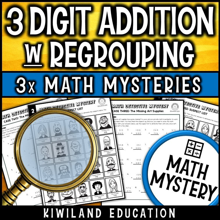 Back to School Math Detective Mystery 3-digit addition sample worksheet and answer keys - printable math centers morning work