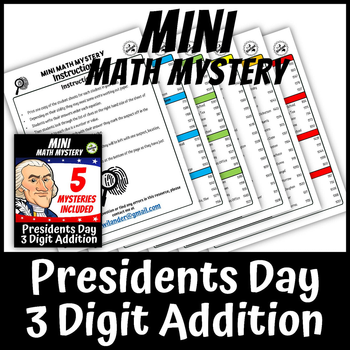 Printable self-checking Presidents Day addition with regrouping Math Mystery worksheets for 2nd-4th grade math centers
